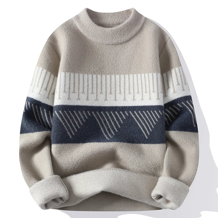 Cozy Geometric Patchwork Knit Sweater for Fall Grey