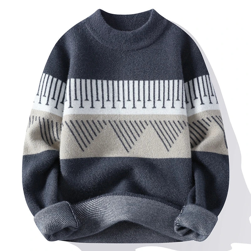Cozy Geometric Patchwork Knit Sweater for Fall Khaki