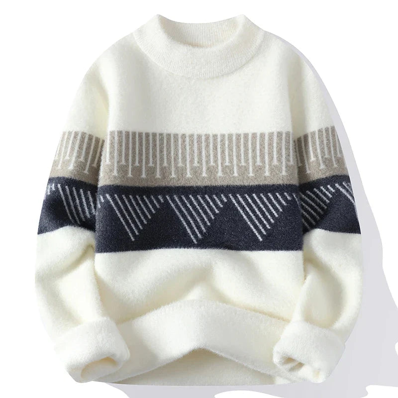 Cozy Geometric Patchwork Knit Sweater for Fall White