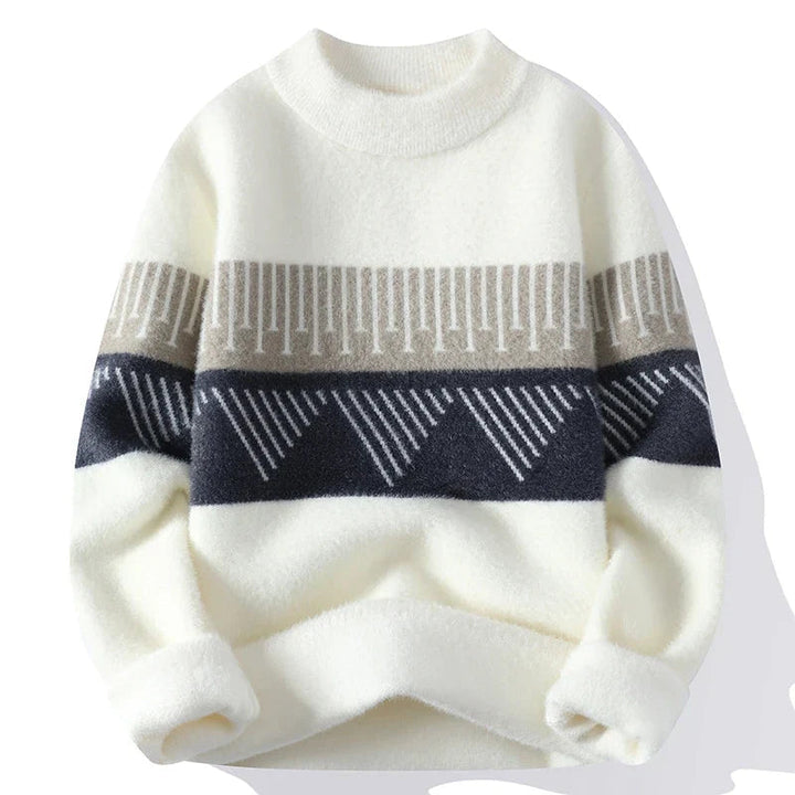 Cozy Geometric Patchwork Knit Sweater for Fall White