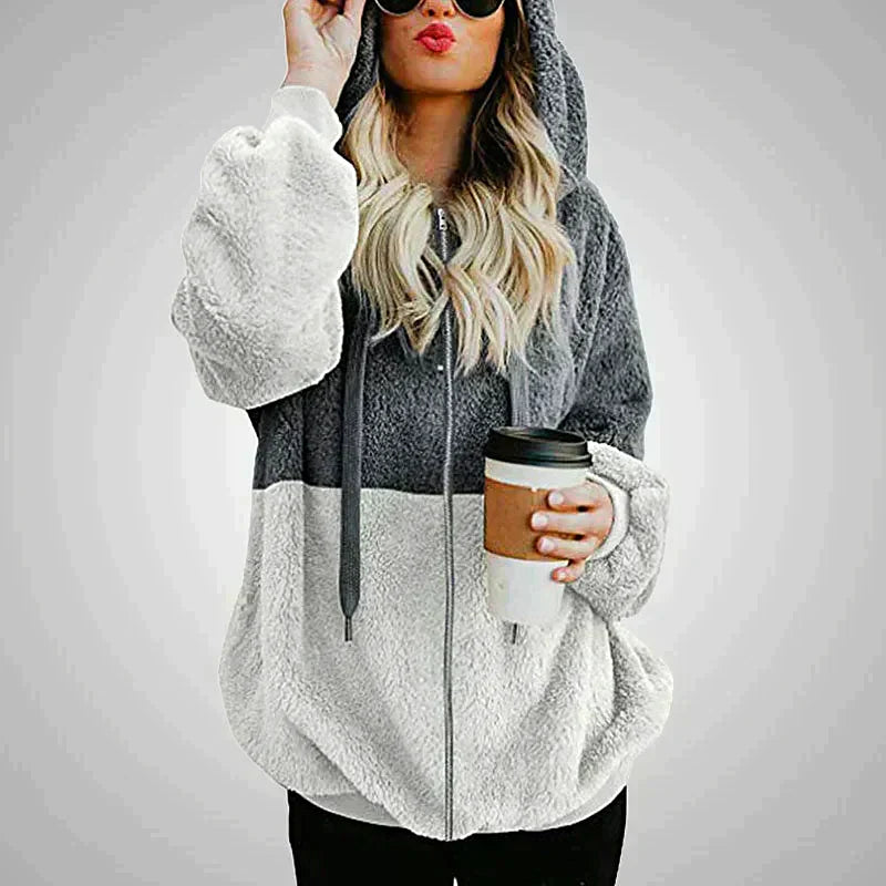 Cozy Plush Patchwork Hoodie For Women Winter Warmth