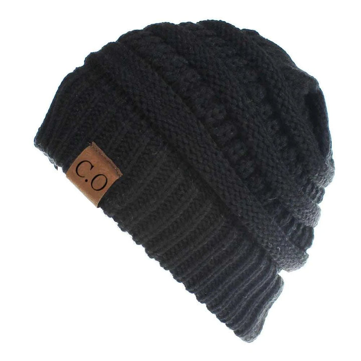 Cozy Stretch Knit Messy Bun Beanie Black