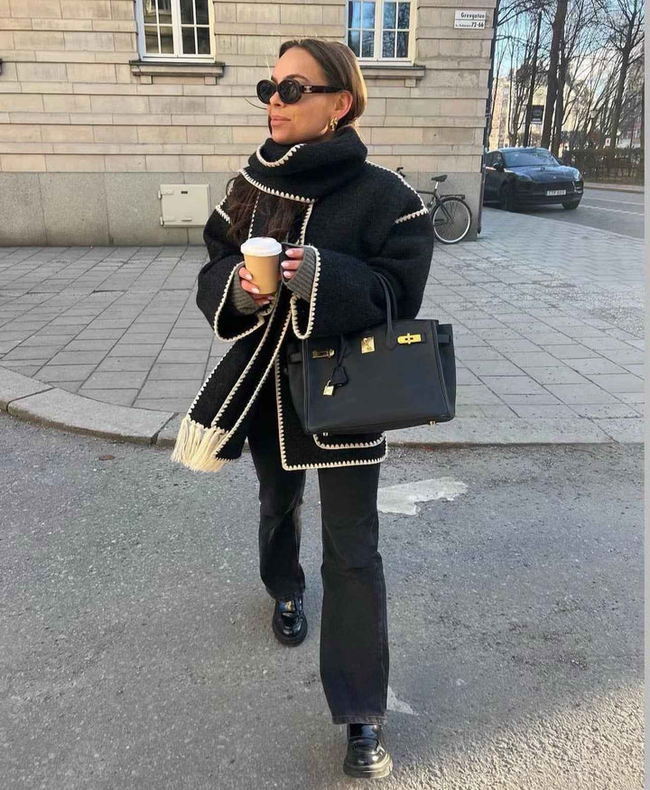Cozy Warm Wool Cape Jacket Timeless Winter Style Elegance Black-white