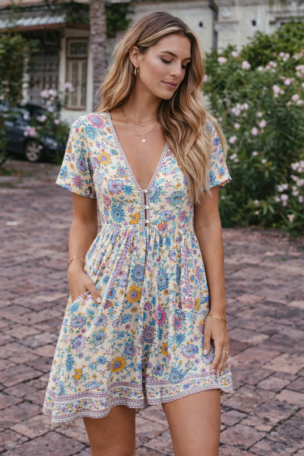 Women's Cream Floral Mini Dress-MODAUTLET
