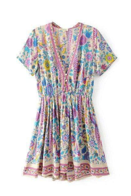 Women's Cream Floral Mini Dress-MODAUTLET