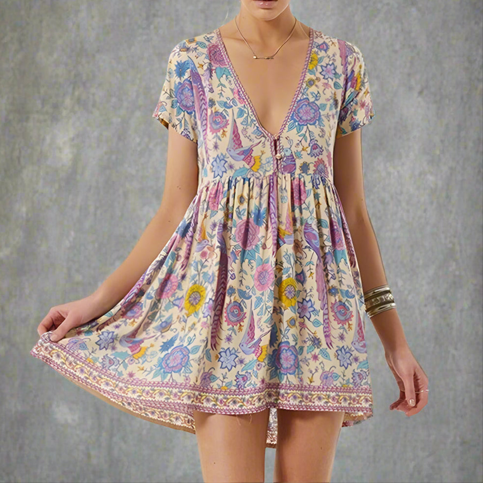 Women's Cream Floral Mini Dress-MODAUTLET