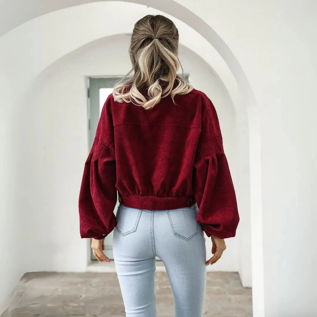 Cropped Balloon Sleeve Corduroy Jacket