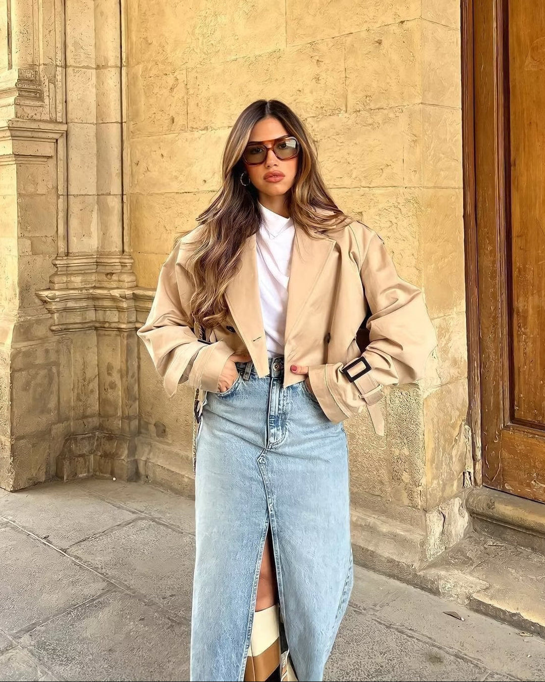 Cropped Belted Trench Coat for Women