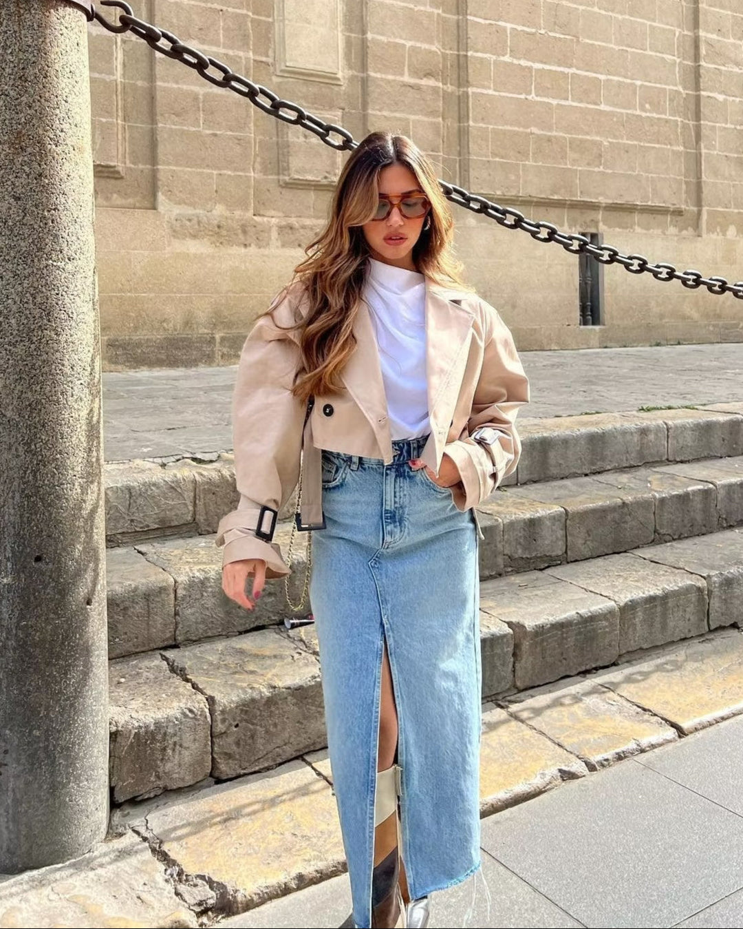 Cropped Belted Trench Coat for Women