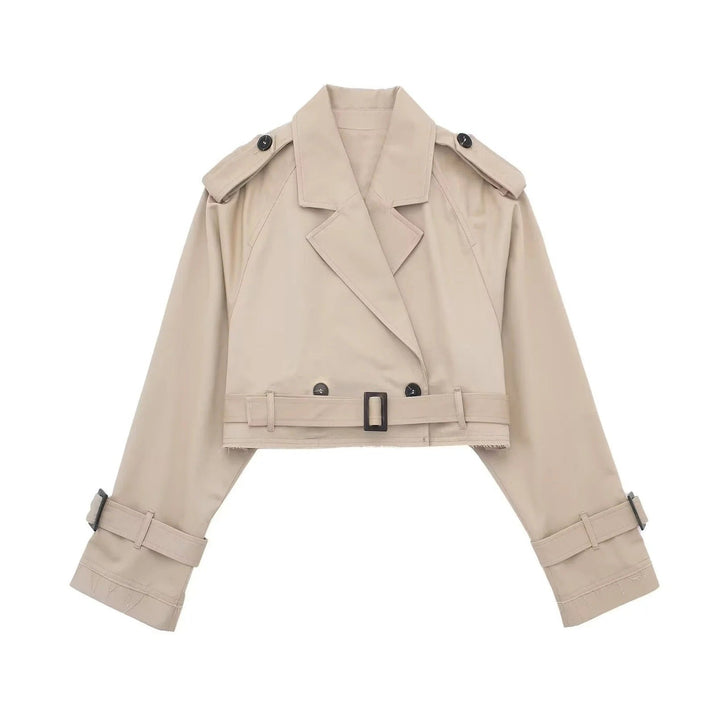 Cropped Belted Trench Coat for Women Khaki