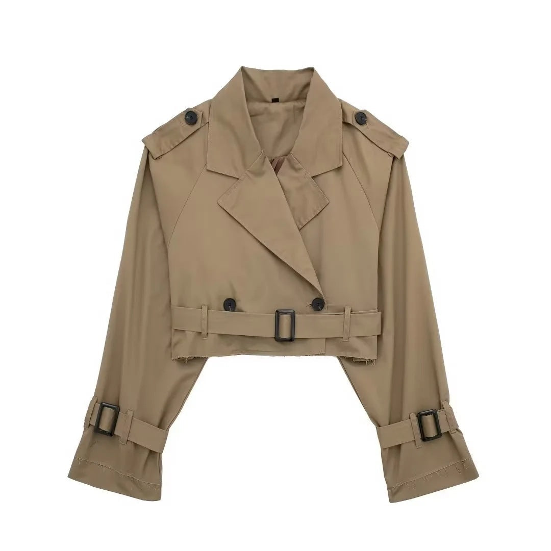 Cropped Belted Trench Coat for Women Dark Brown