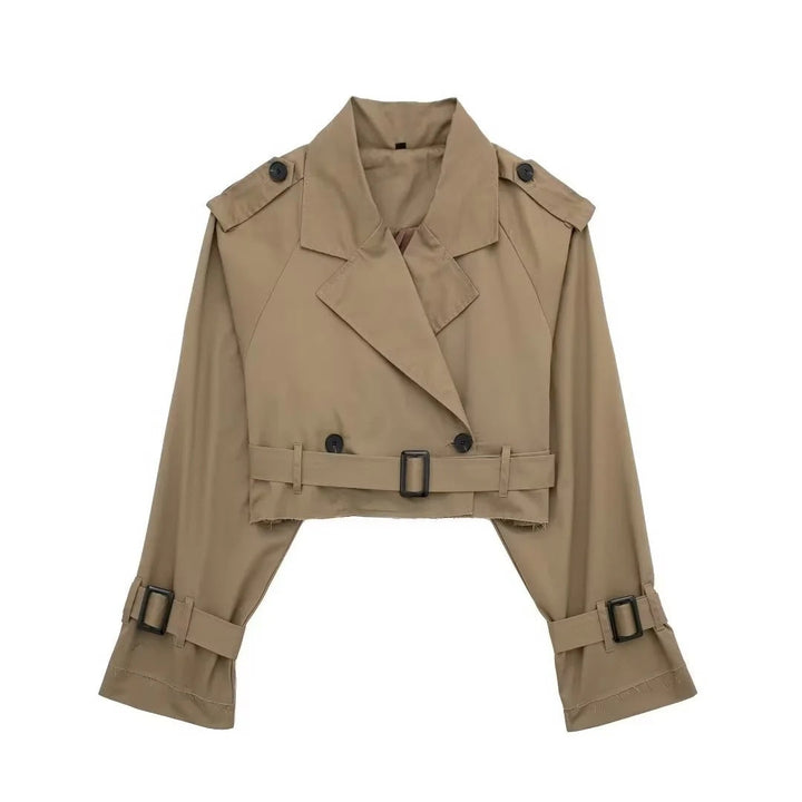 Cropped Belted Trench Coat for Women Dark Brown