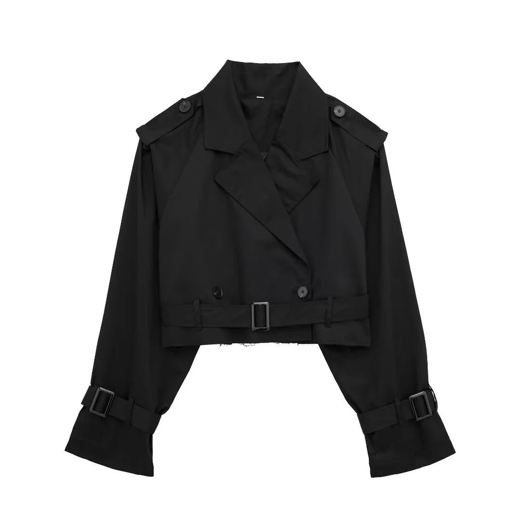 Cropped Belted Trench Coat for Women Black