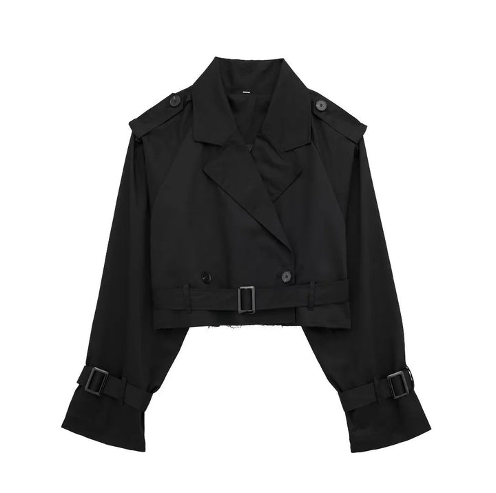 Cropped Belted Trench Coat for Women Black