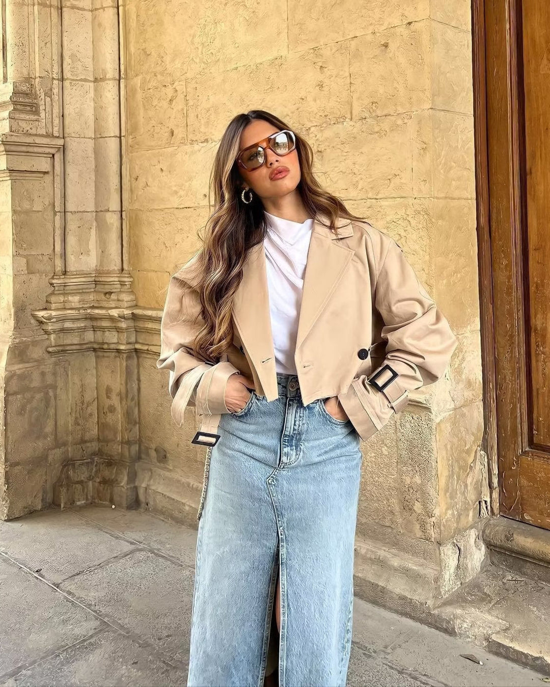 Cropped Belted Trench Coat for Women