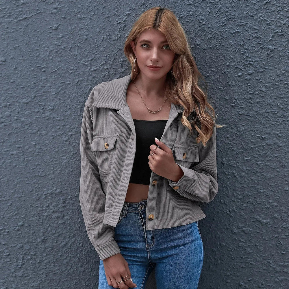 Cropped Corduroy Collared Jacket Gray