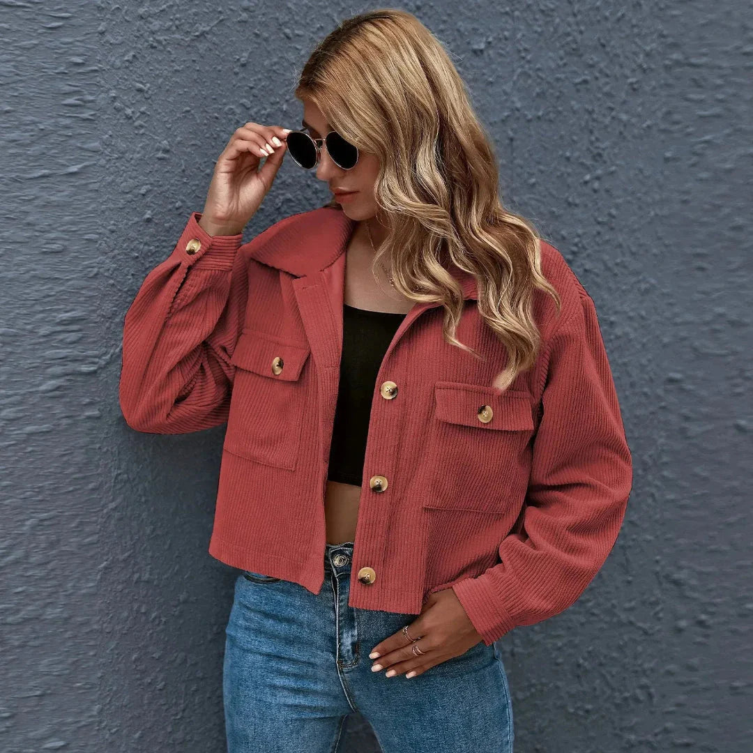 Cropped Corduroy Collared Jacket Red Brown