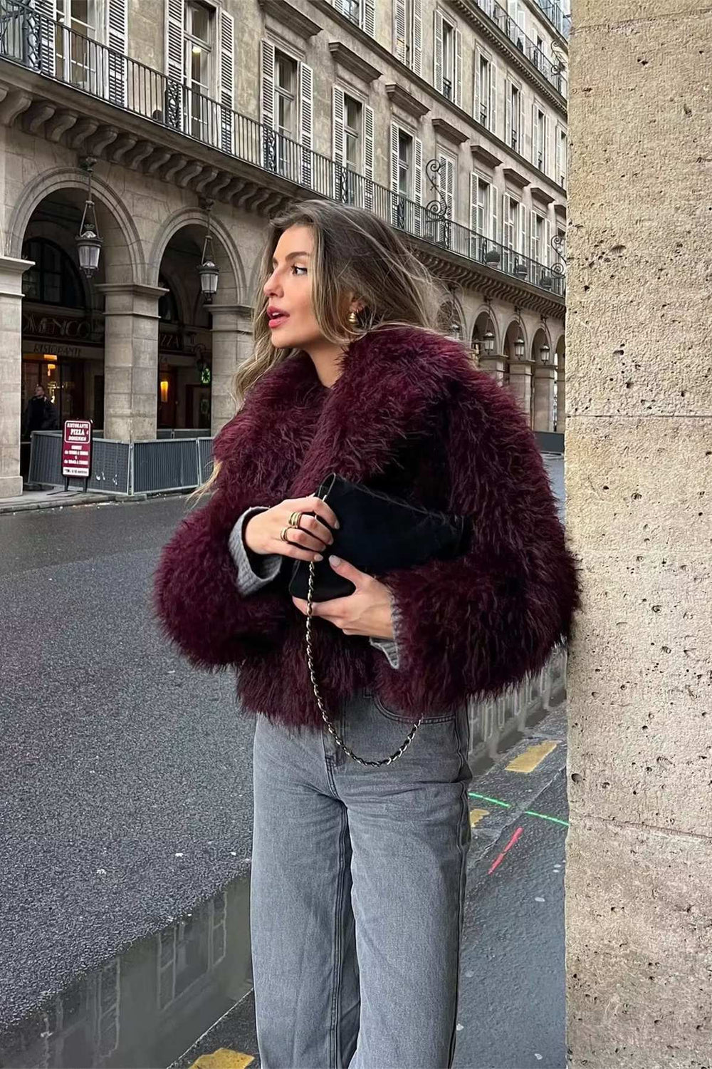 Cropped Fluffy Jacket with Notch Lapel Brown