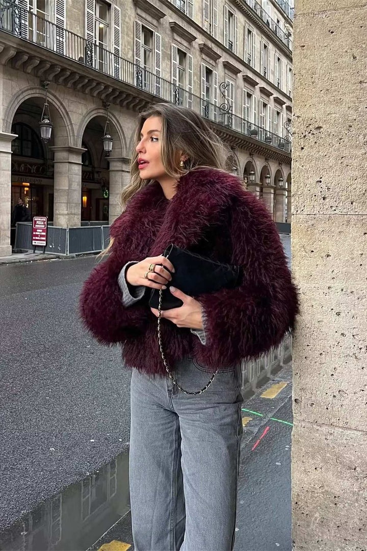 Cropped Fluffy Jacket with Notch Lapel Brown