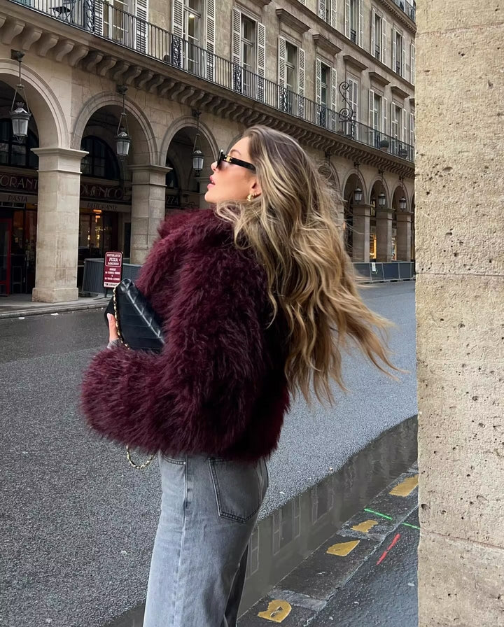 Cropped Fluffy Jacket with Notch Lapel