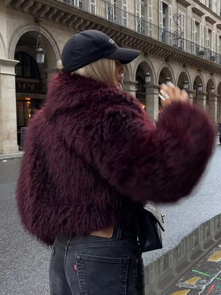 Cropped Fluffy Jacket with Notch Lapel