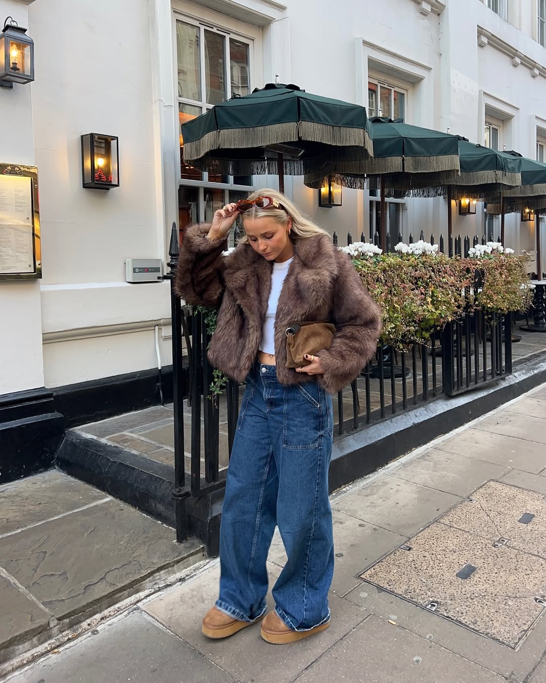 Cropped Oversized Faux Fur Coat Dark Brown