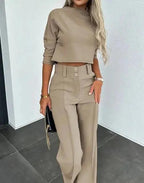 Women's Cropped Top & Trousers Set – Stylish and Comfortable Khaki