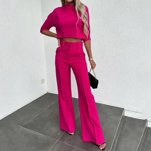 Women's Cropped Top & Trousers Set – Stylish and Comfortable Dark pink