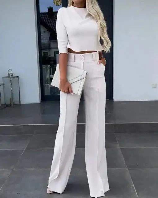 Women's Cropped Top & Trousers Set – Stylish and Comfortable White