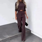 Women's Cropped Top & Trousers Set – Stylish and Comfortable Brown