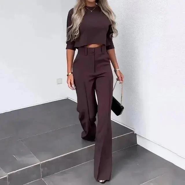 Women's Cropped Top & Trousers Set – Stylish and Comfortable Brown