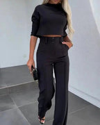 Women's Cropped Top & Trousers Set – Stylish and Comfortable Black