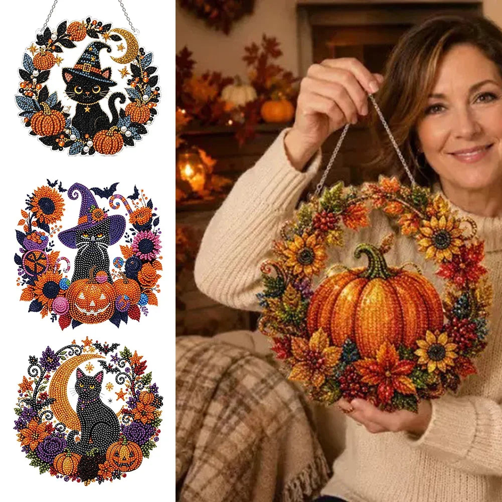 Kit autunnale per dipinto con diamanti e acchiappasole di Halloween, con strass