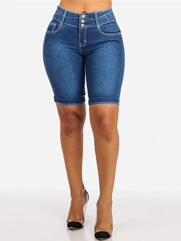 Women's Mid Rise Button-Up Stretch Denim Shorts - Clearance Sale
