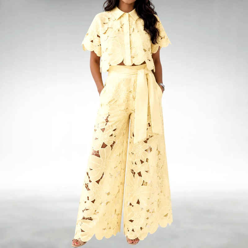 Daffodil | Women's Floral Cutout Wide Leg Matching Outfit-MODAUTLET