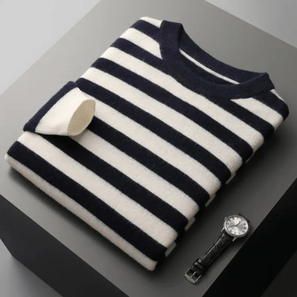 Striped Wool Crewneck Sweater Navy Blue
