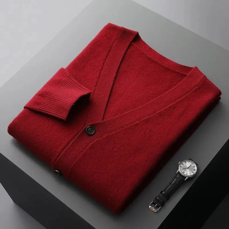 Classic V-Neck Wool Cardigan for Men Red