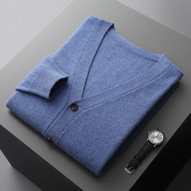 Classic V-Neck Wool Cardigan for Men Blue