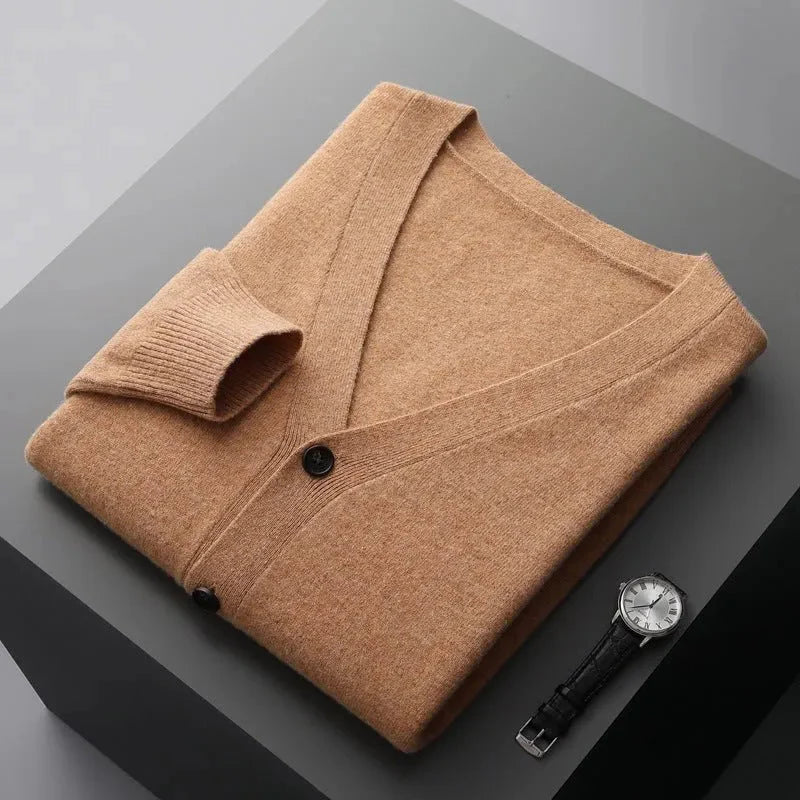 Classic V-Neck Wool Cardigan for Men Caramel