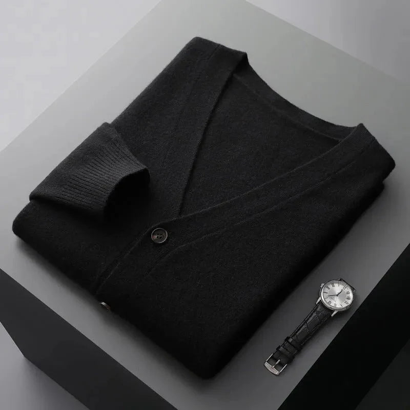 Classic V-Neck Wool Cardigan for Men Black