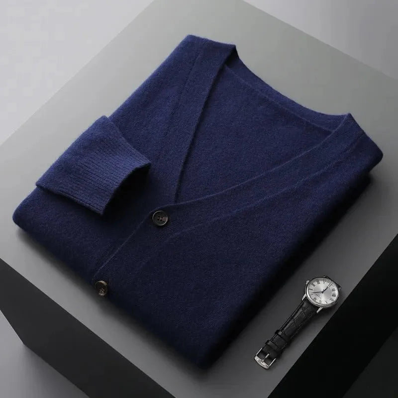 Classic V-Neck Wool Cardigan for Men Navy Blue
