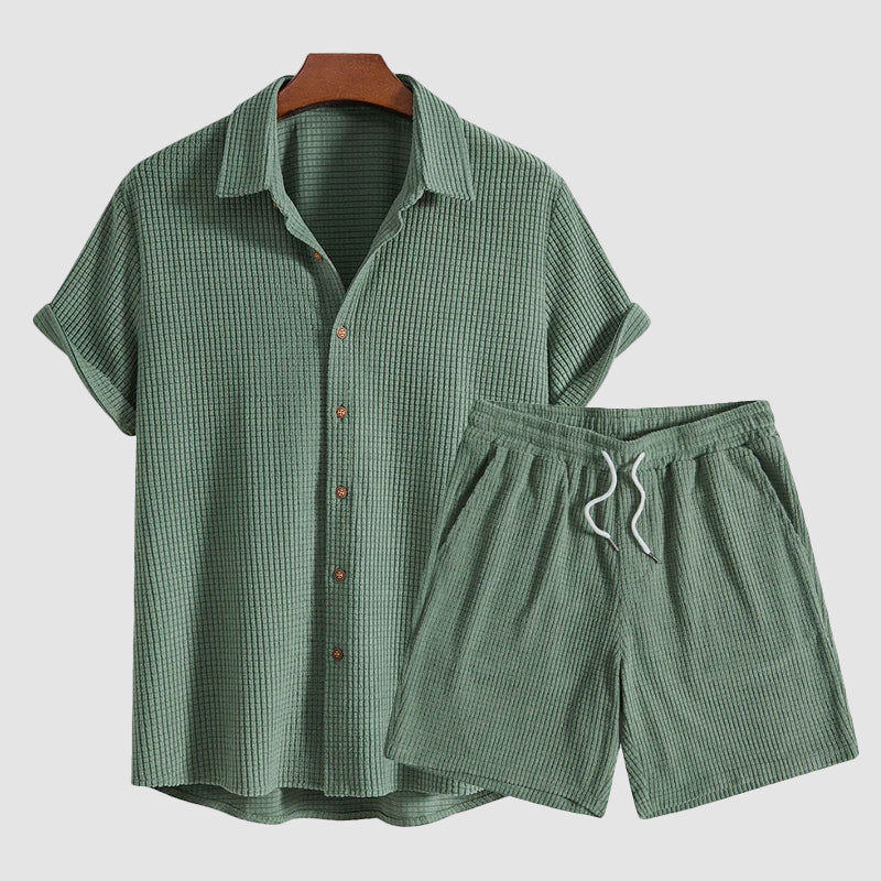 David | Men's Casual Button-Up and Drawstring Shorts Set-MODAUTLET
