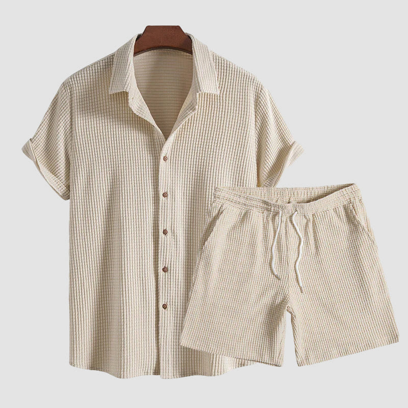 David | Men's Casual Button-Up and Drawstring Shorts Set-MODAUTLET