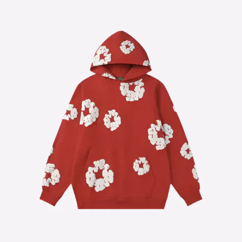 Printed Denim-Style Hoodie – Unisex Streetwear Sweatshirt Red
