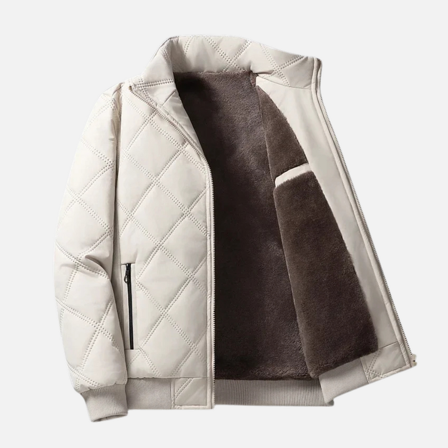Diamond Pattern Stand-Up Collar Jacket White
