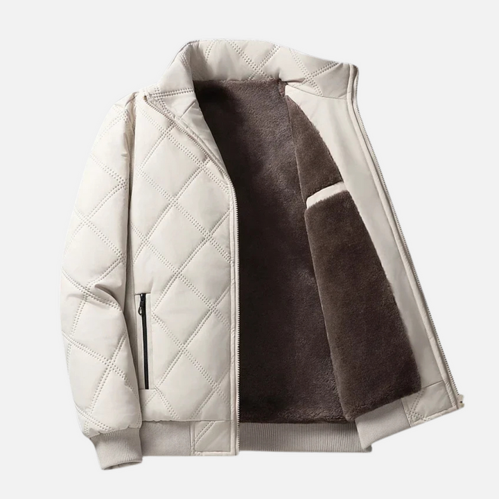 Diamond Pattern Stand-Up Collar Jacket White