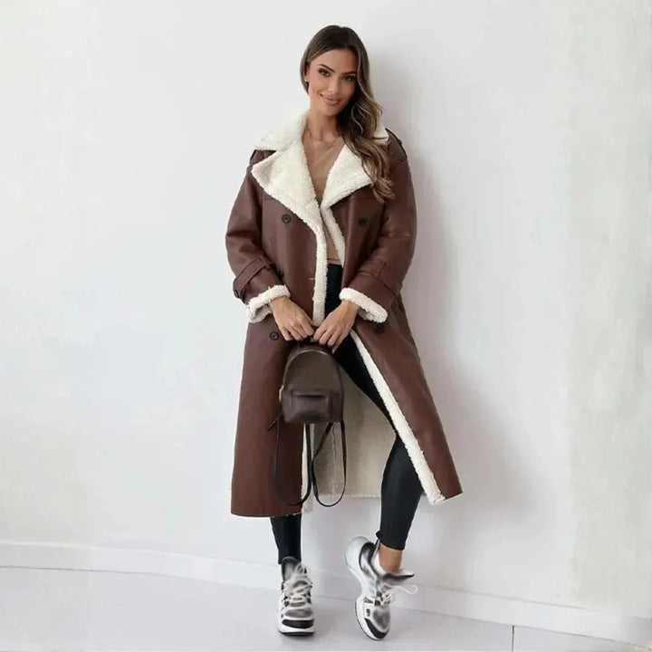Double-Breasted Faux Shearling Coat Brown
