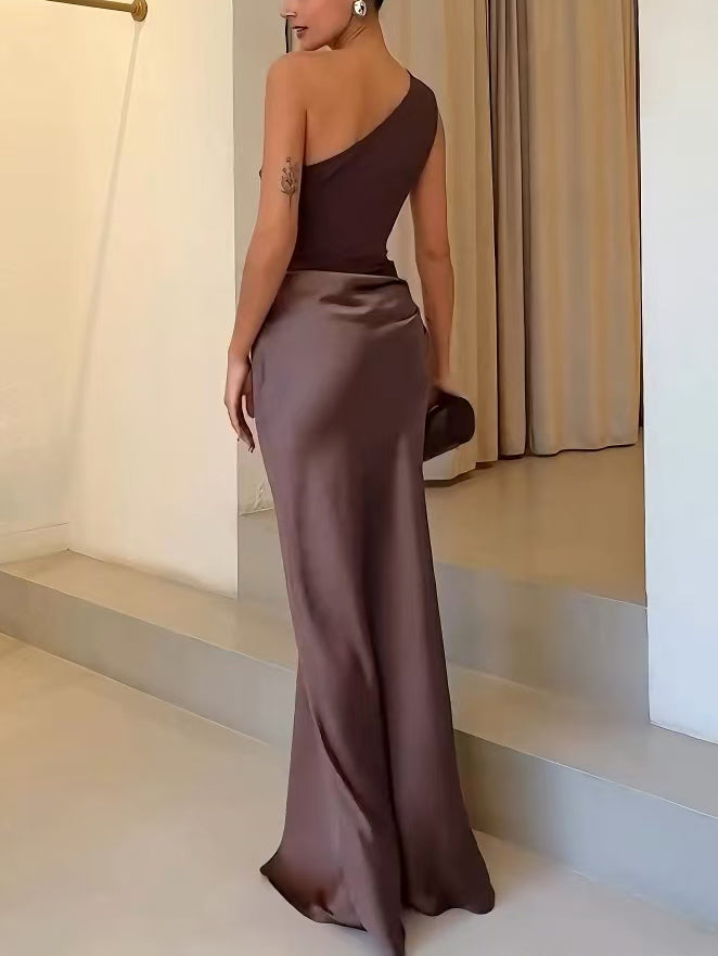 Women's Elegant One Shoulder Neck Pleated Party Maxi Dress