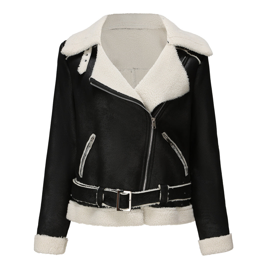 Eco Suede Winter Jacket With Plush Fur Collar And Belt Black