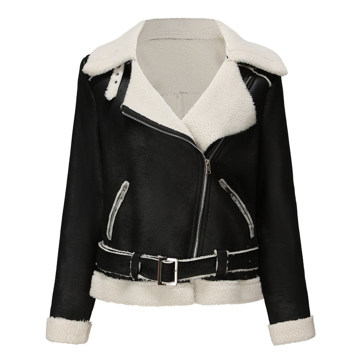 Eco Suede Winter Jacket With Plush Fur Collar And Belt Black